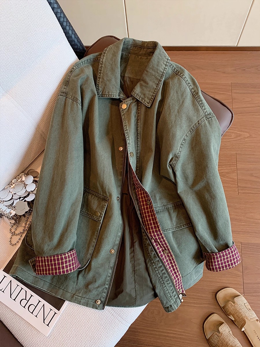 Down Jacket Packable - ヴィンテージアーミーグリーンデニムジャケット レディース チェック柄パッチワーク オーバーサイズコート 春秋 カーゴユーティリティポケットジャケット
